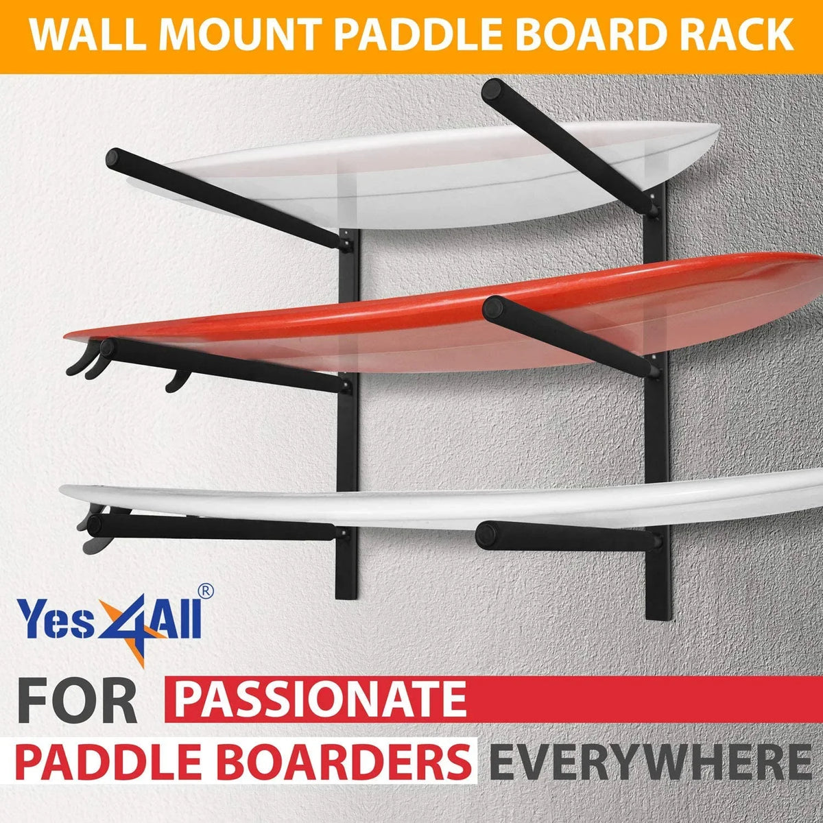 Longboards, x Display Racks, Surfboards, & Snowboards, Yes4All with Up to Mount Paddle Foam, Heavy Duty 5.51" x Board Steel 3 Padded Hanger Store Wall Black, 3.54" 34.25" Surfboard