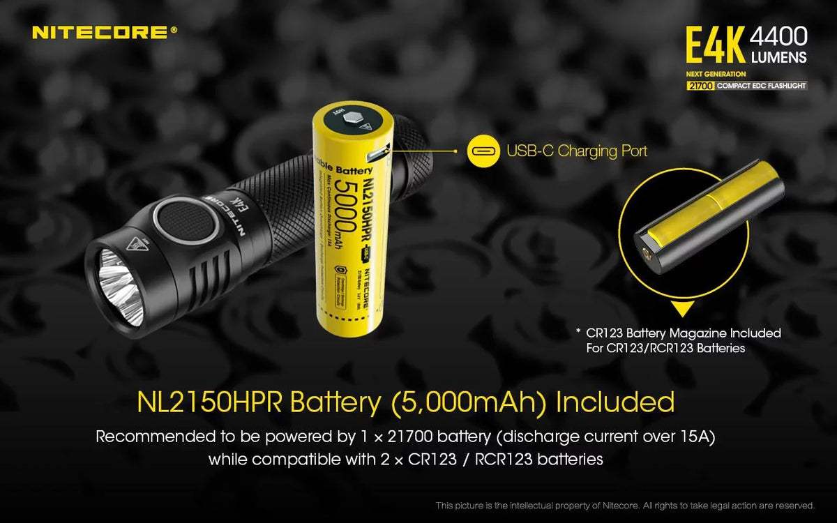 Charger - Rechargeable Fast 3Amp Next generation 21700 Li-ion E4K -4400 w/Eco-Sensa Compact Flashlight NITECORE 1x Wall Lumens USB NITECORE 21700 EDC Battery Included
