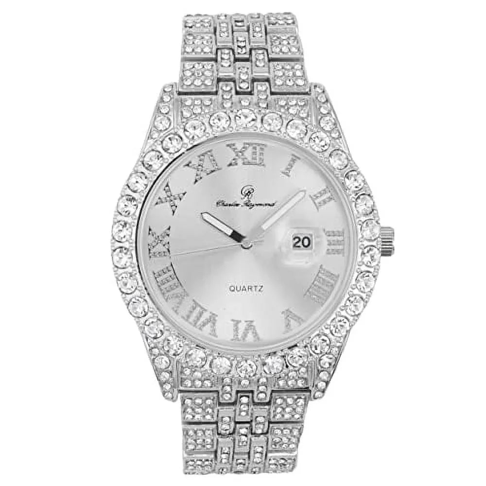 Mens Silver Hip Silver Raymond Dials- Timepiece - Numerals ST0226RND Big Designer Fully Out Watch Rocks Cuban Iced Blinged and Read w/Easy Charles Hop Out Date w/Roman Colorful