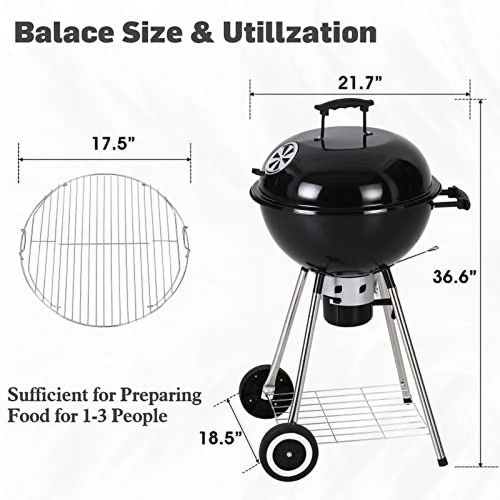 exterior with Grate, Porcelain-Enameled and Charcoal Patio Bowl, Picnic William Ash for Grill BBQ Chromeplated Catcher Lid Sophia Camping, Black & 18-inch BBQ Kettle