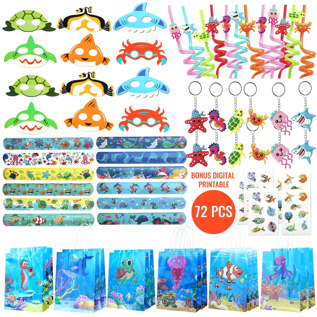 Bags Animal 12 Sea Ocean of Stickers Party Pcs Under Treat 72 Set design Keychain Sea The party Under Straw Supply Mask For The Kids Favors, Birthday