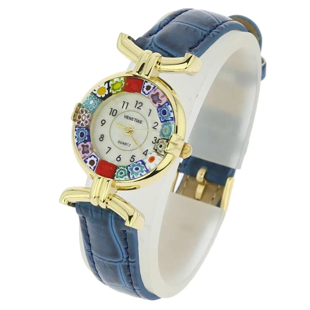 Multicolor Band - Leather Watch Glass Blue with Millefiori GlassOfVenice Murano