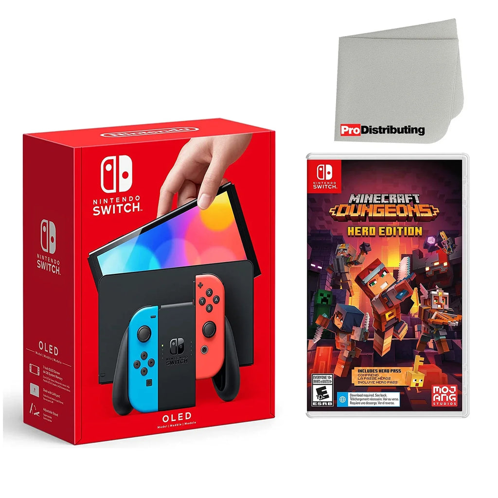 Blue Switch Hero Screen Cleaning Cloth Red and Minecraft Nintendo Dungeons Console OLED Neon Edition & with