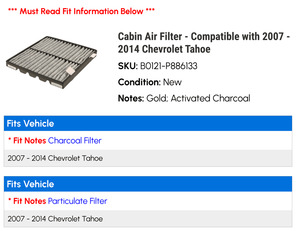 2007 Filter Chevy - with 2014 2012 Air - 2009 2008 Tahoe 2010 2013 2011 Compatible Cabin