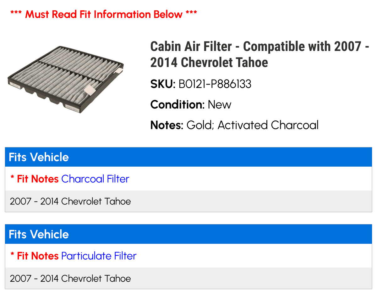 2007 Filter Chevy - with 2014 2012 Air - 2009 2008 Tahoe 2010 2013 2011 Compatible Cabin