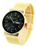 Gold-Tone Mens calendar date gold-tone 23mm 9mm watch,43mm, inches strap day business day thick. wide 9 window, date clubbing Black dial, mesh metal fits wrists. black