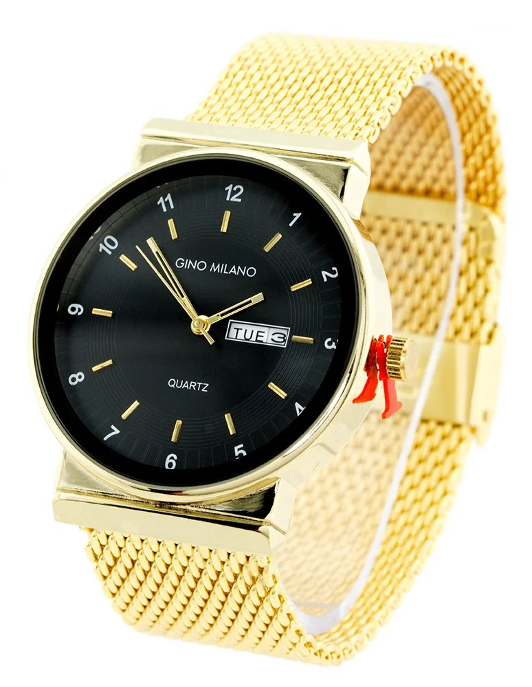 Gold-Tone Mens calendar date gold-tone 23mm 9mm watch,43mm, inches strap day business day thick. wide 9 window, date clubbing Black dial, mesh metal fits wrists. black