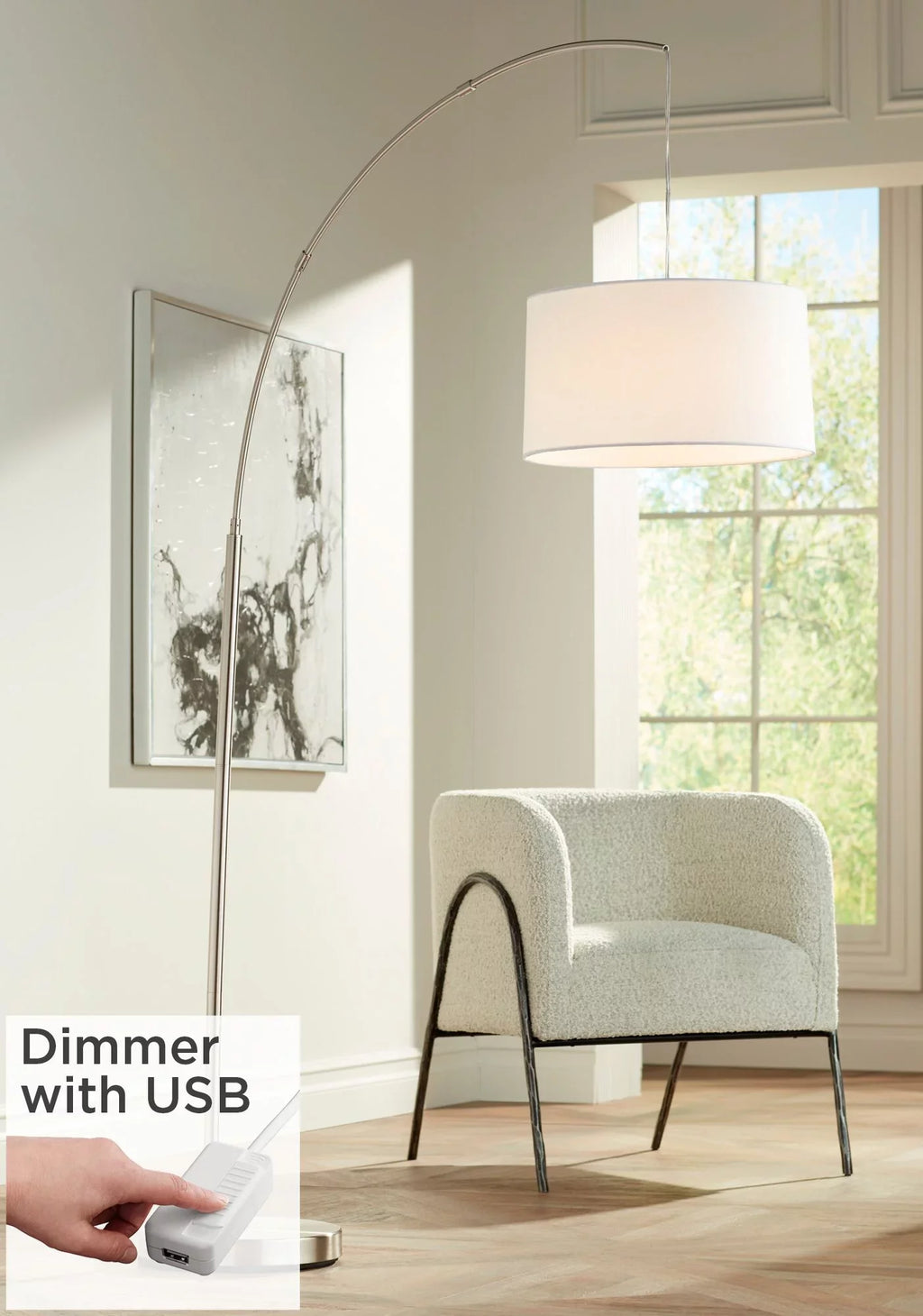 72" Charging with Modern Floor Lamp Room Reading for House White Port Lighting Drum Arc Tall 360 Living Nickel Shade Brushed USB