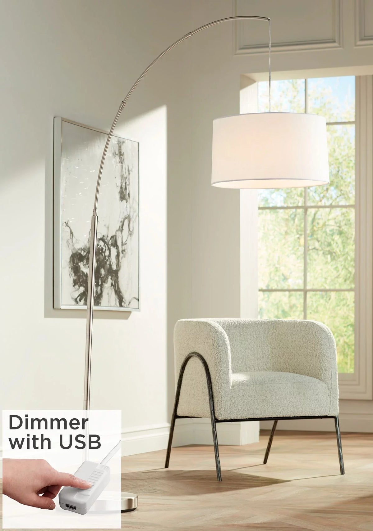 72" Charging with Modern Floor Lamp Room Reading for House White Port Lighting Drum Arc Tall 360 Living Nickel Shade Brushed USB
