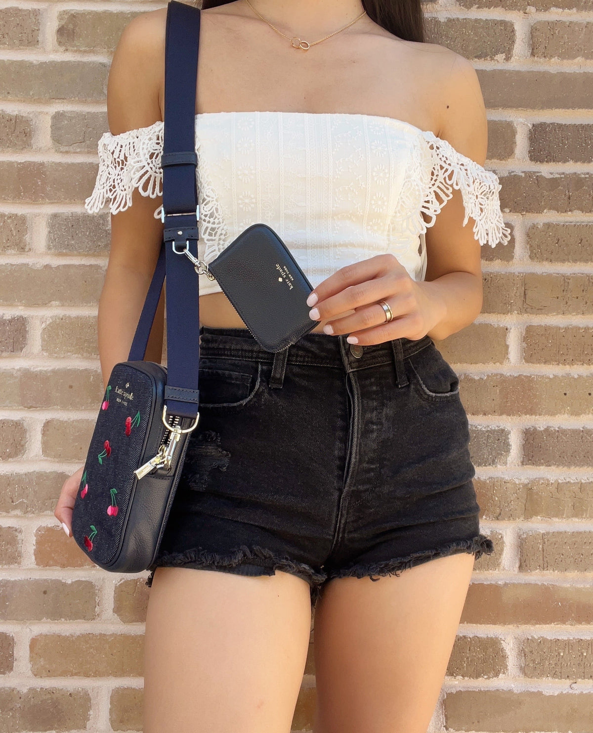 Coin Crossbody Denim Zip Embroidered Phone Kate + Cherries Pouch NS Rosie Spade
