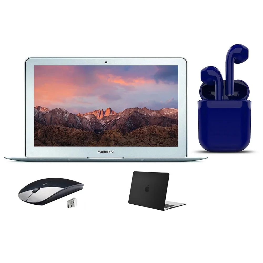 By Wireless Bundle: (Refurbished) 2 Airbuds Restored RAM 128GB Black SSD Day Case, i5 Core Bluetooth/Wireless Mouse, MacBook 4GB 11.6-inch Air Express Certified