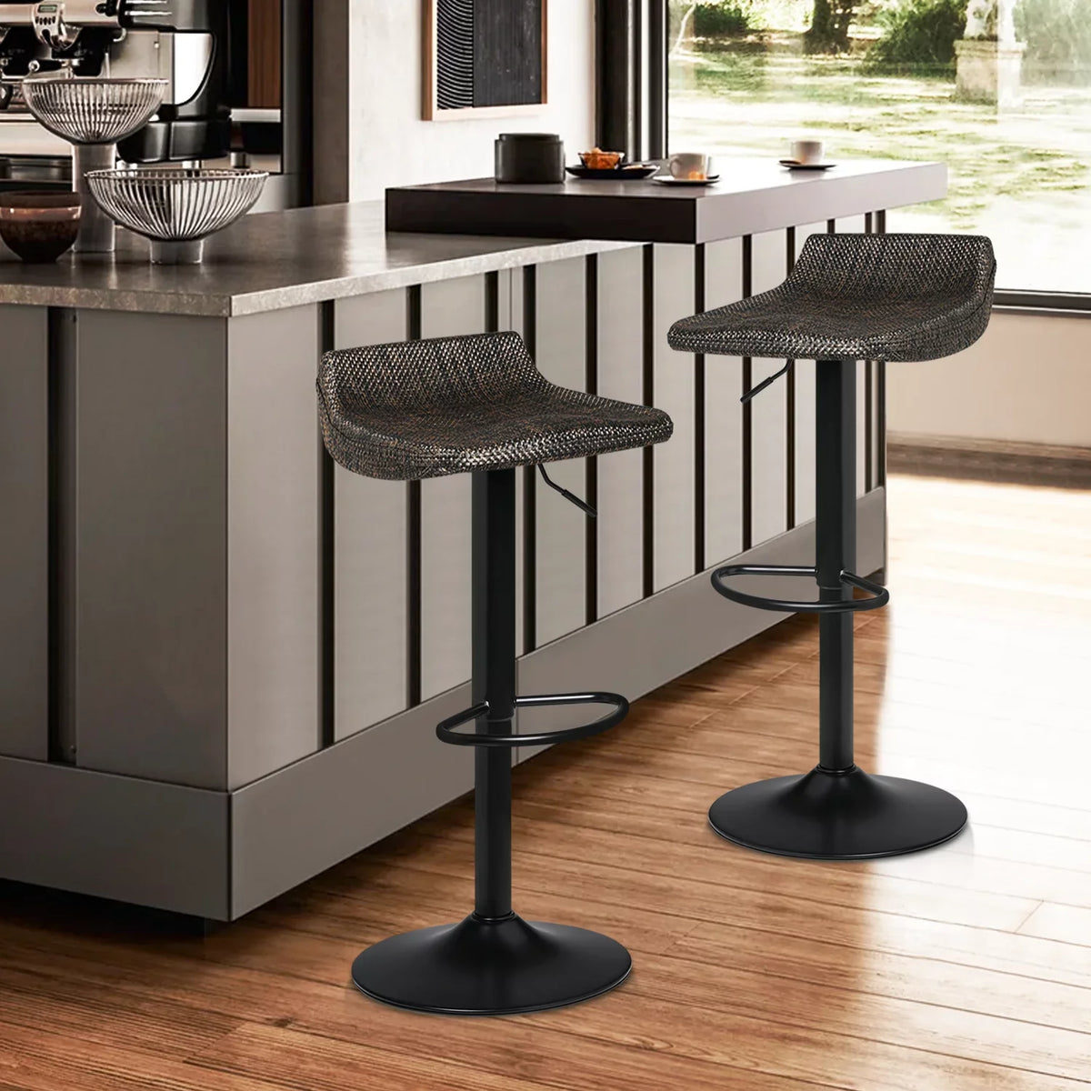 with Footrest Set Height 2 Adjustable of Stools Swivel, Kitchen Indoor MoNiBloom for Room Brown Metal Bar exterior, Dining Counter