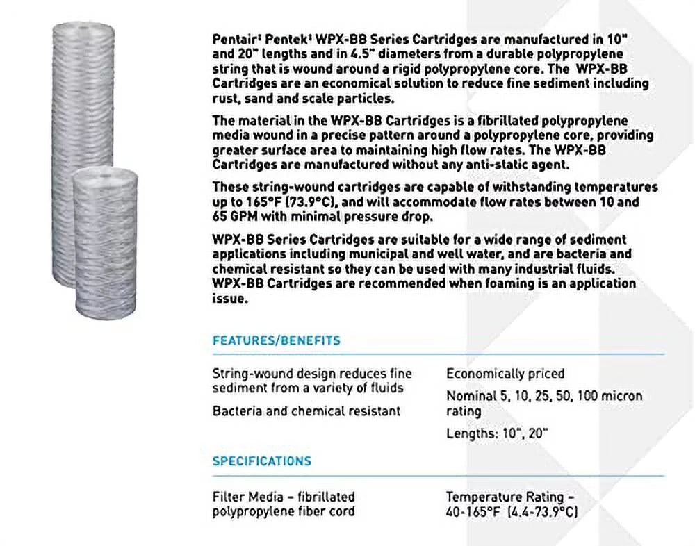 inch String-Wound Filter x Pentek Microns 100 10 Polypropylene inch, 4.5 Cartridge, WPX100BB97P