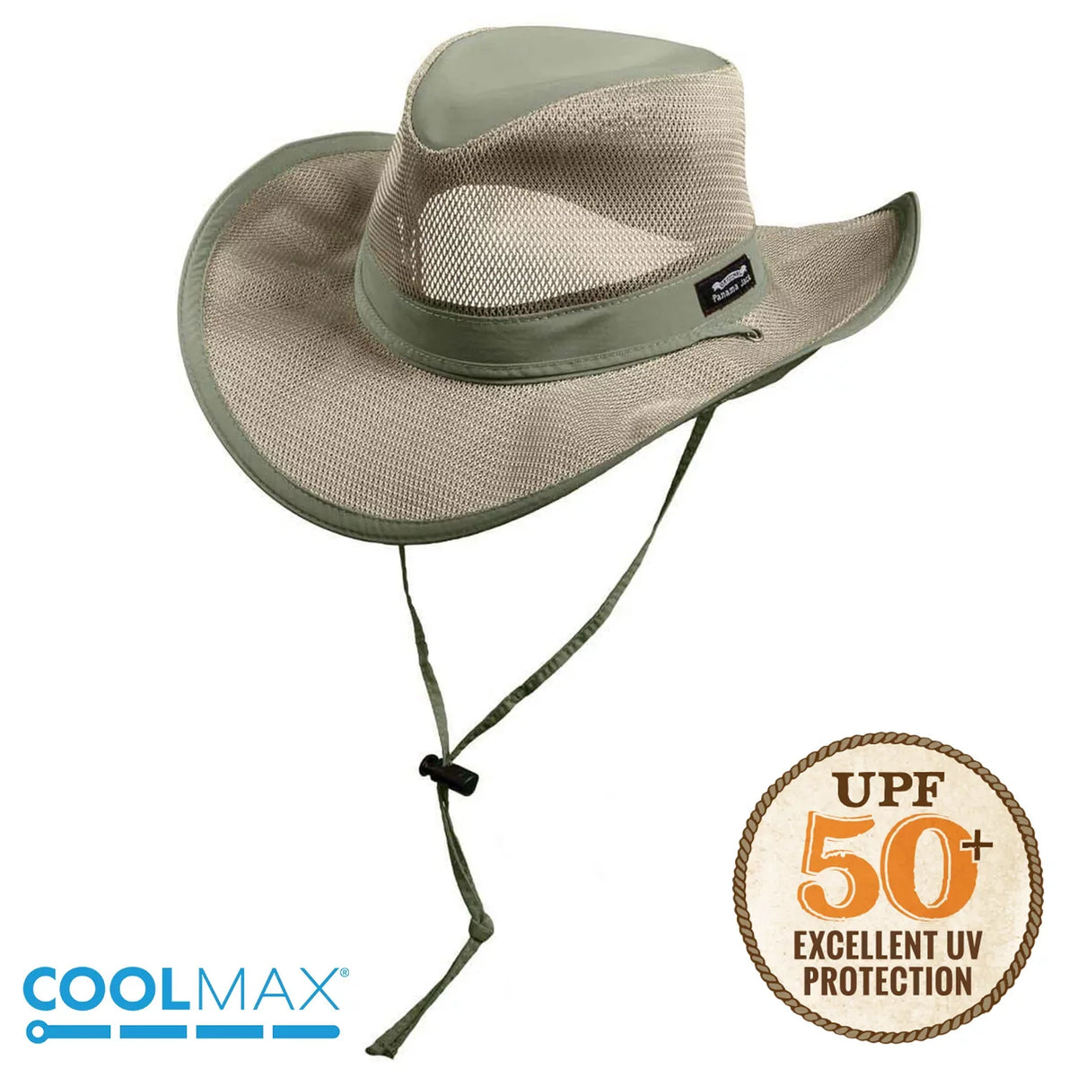 Brim, Sun 50+ Chin Adjustable 3" Large) (SPF) Jack Panama Crown UPF Safari Sun Hat, Protection Cord, (Fossil, Mesh