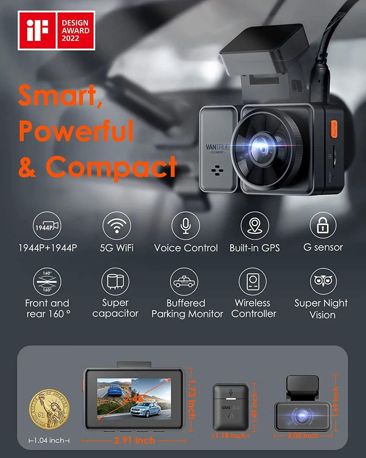 512GB GPS 1944P+1944P Control, Camera, Dash Cam Voice 2.5K Front E2 Motion Buffered with Vision, Detection, Car & Parking Night Mode, WiFi, 5G Dual Rear Capacitor, and Enhanced 24hrs Vantrue Support