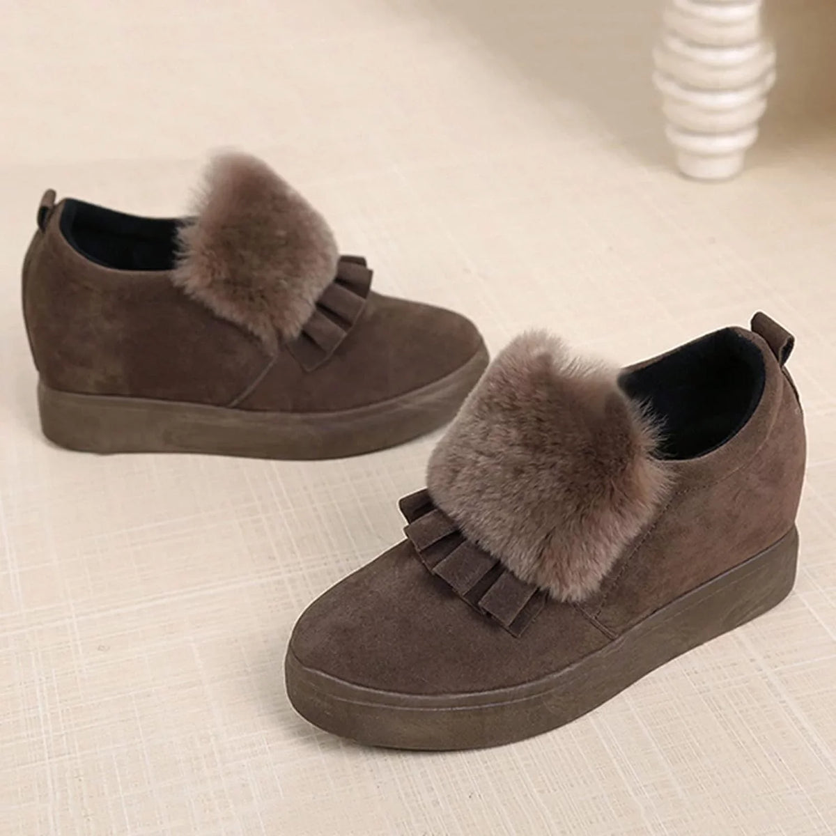Vintage Womens Embellished Autumn Furball Shoes Boots Boots Ankle Fashion Thicksoled Classic Wedges Winter Cotton