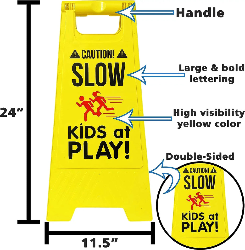 Signs, Double Carrying at Visibility Signs, - SciencePurchase High SLOW Color, Fold-Out by Standing Sided, Portable Handle Pack PLAY! Caution! with Yellow - 2 KIDS