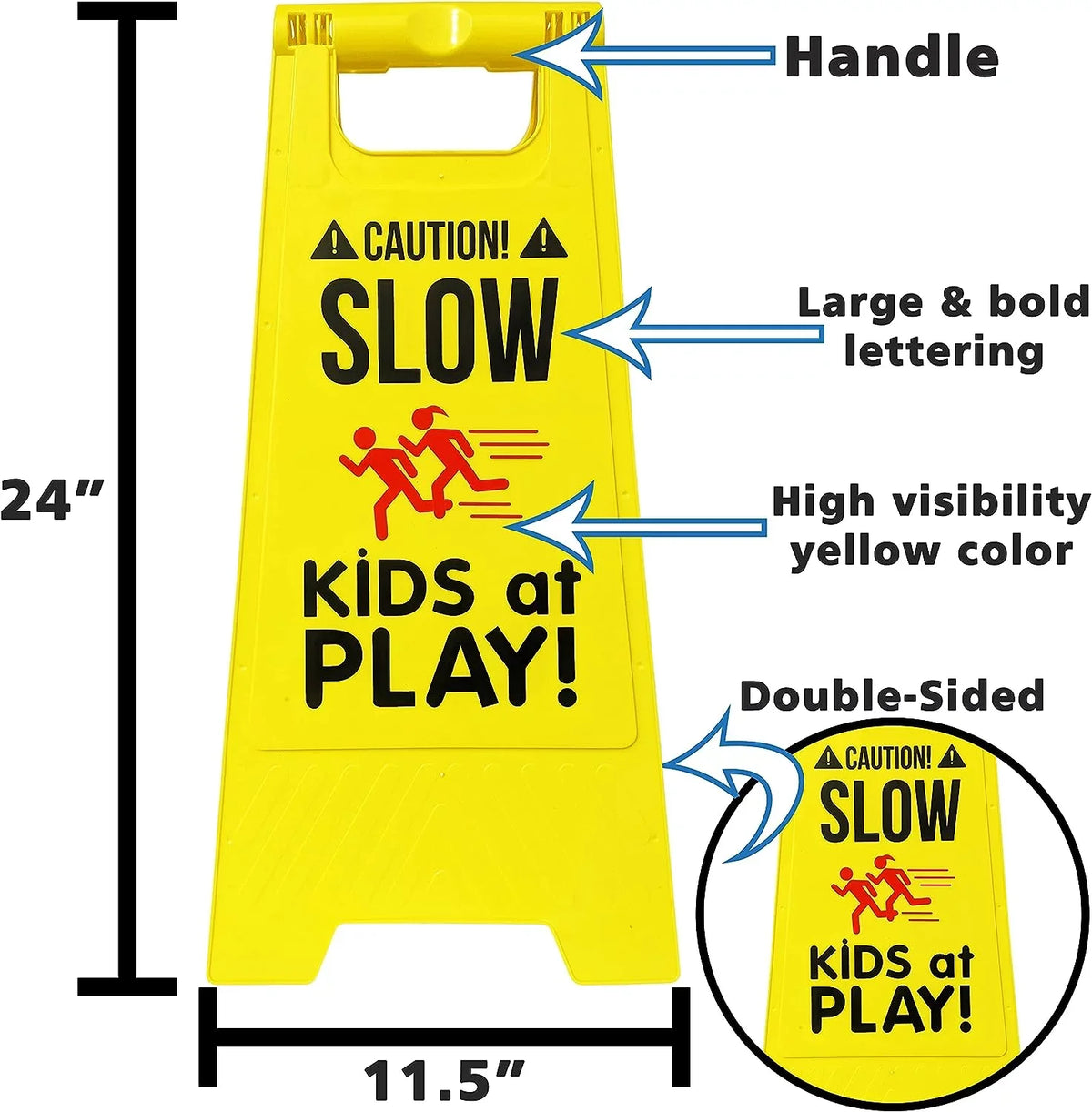 Signs, Double Carrying at Visibility Signs, - SciencePurchase High SLOW Color, Fold-Out by Standing Sided, Portable Handle Pack PLAY! Caution! with Yellow - 2 KIDS