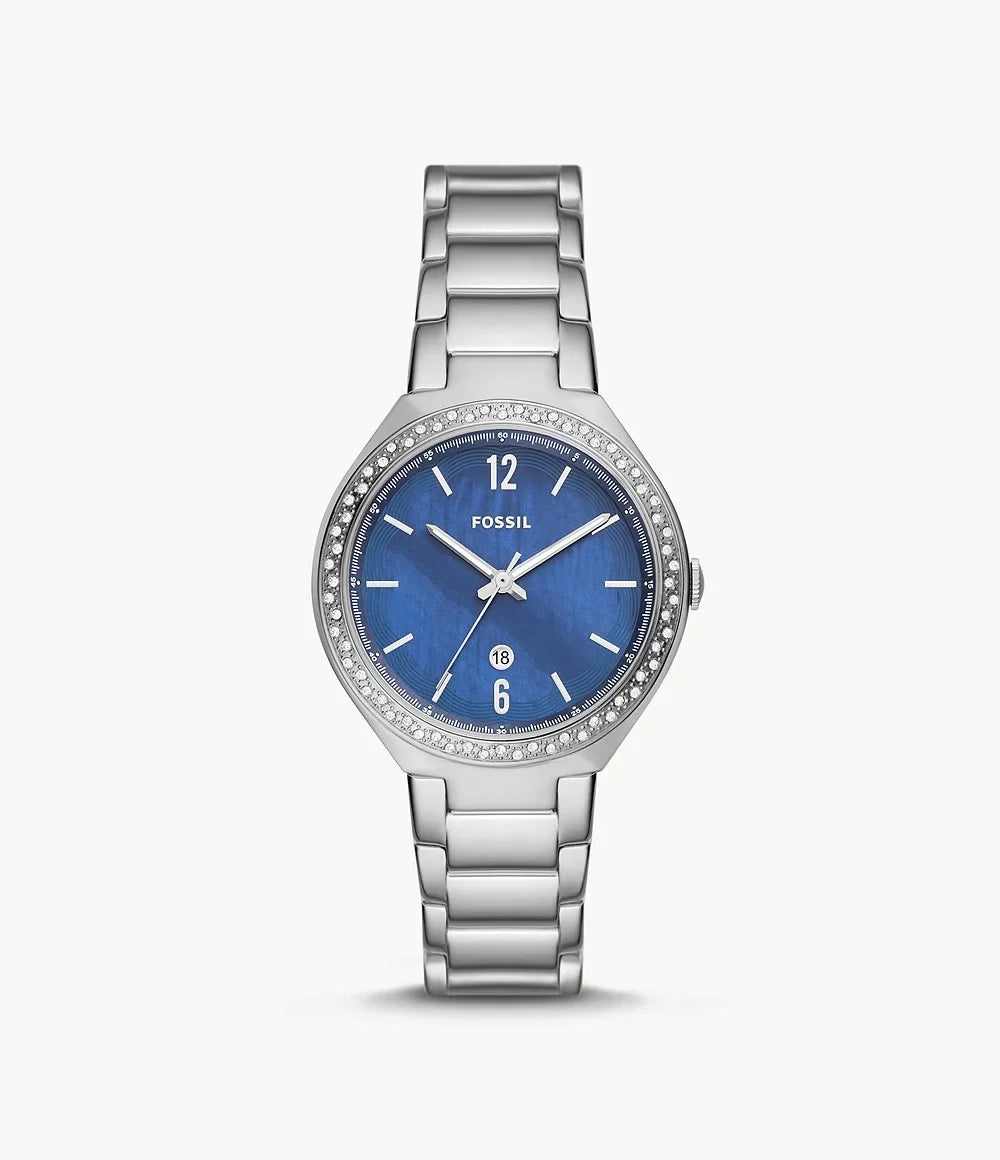 Date BQ3843 Fossil Watch Three-Hand Steel Stainless Ashtyn