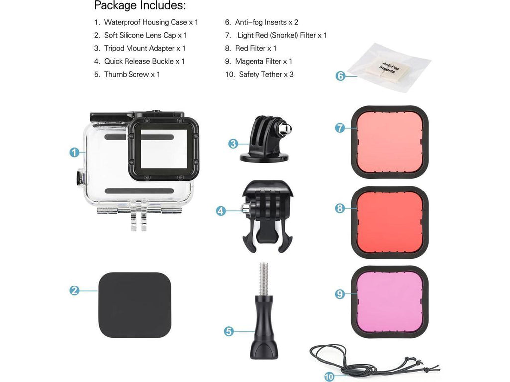Tripod 3-Pack 6 Dive Screw, Buckle, for Hero Lens Hero Quick 45m GoPro Release Housing 7 Adapter, Waterproof Dive Filters with Black Thumb (2018) - 5 Case Include Underwater Cap Backdoor,