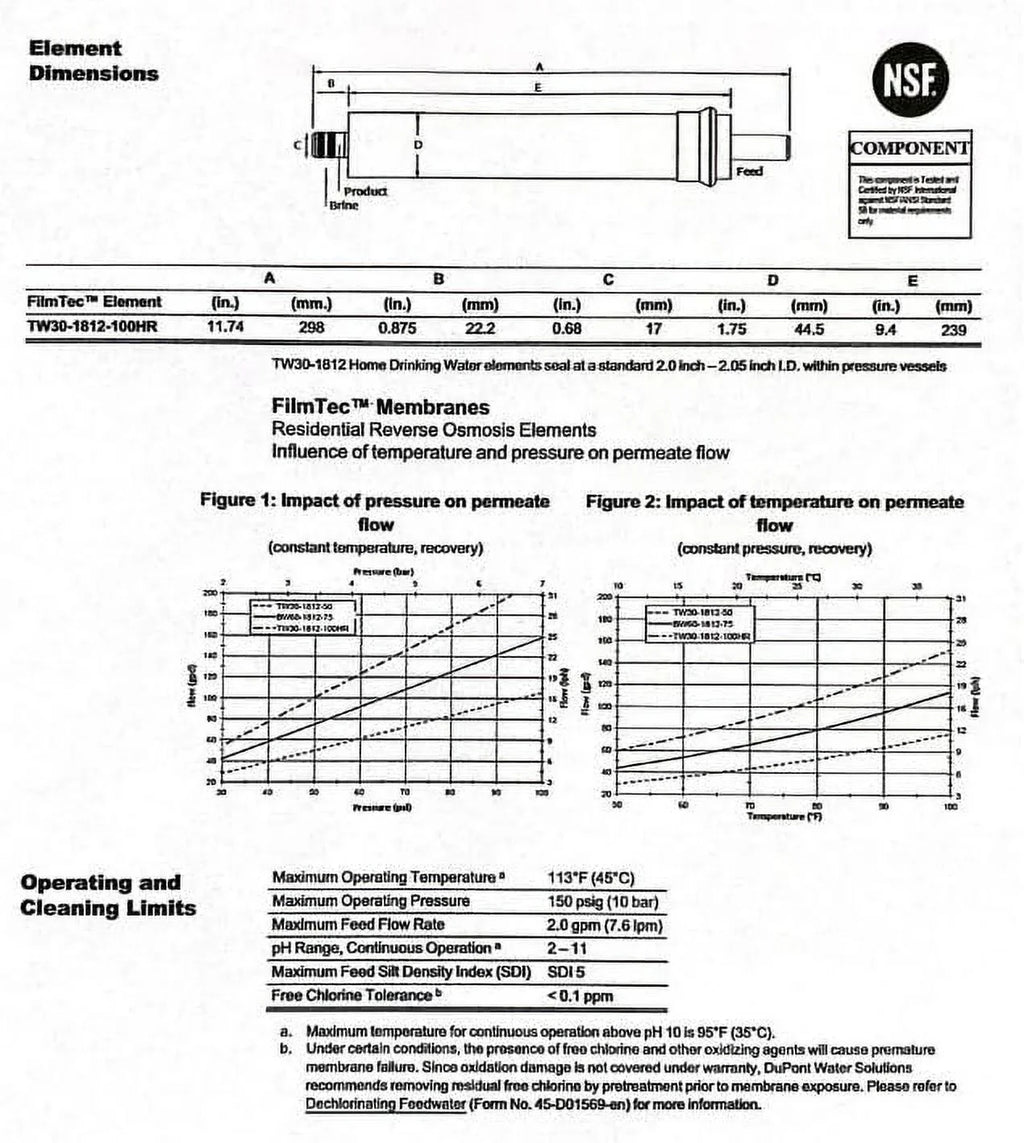 Reverse 100 GPD High TW30-1812-100HR Osmosis TFC For System Undersink Membrane Rejection (RO)