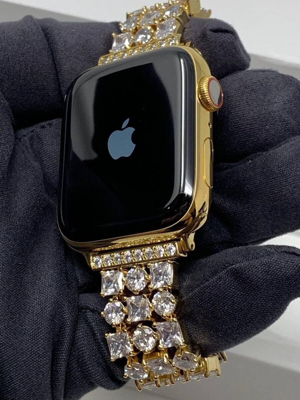 SERIES Diamond Plated 44MM Link Band Gold Rhinestones LTE 5 iWatch 24K Gold