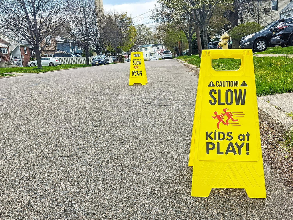 Signs, Double Carrying at Visibility Signs, - SciencePurchase High SLOW Color, Fold-Out by Standing Sided, Portable Handle Pack PLAY! Caution! with Yellow - 2 KIDS